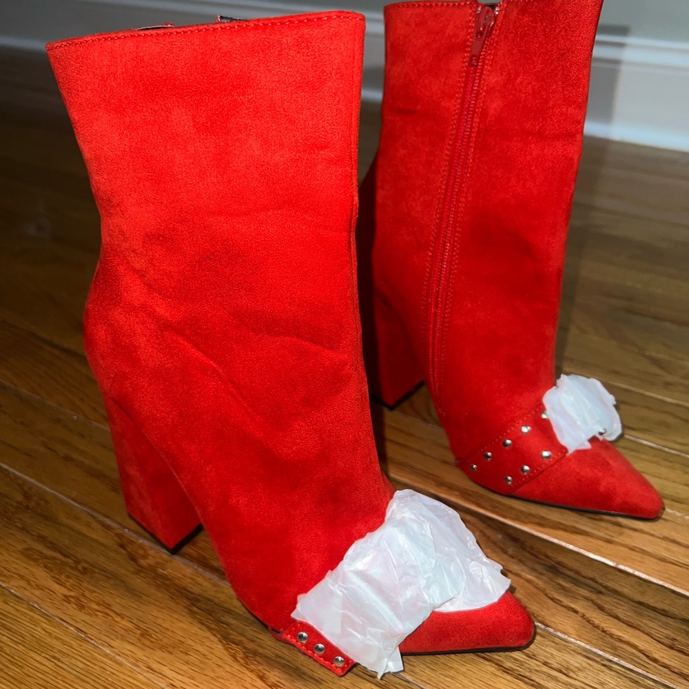 Red Suede Women's Boots - Boohoo Buckle Detail Heeled Boot